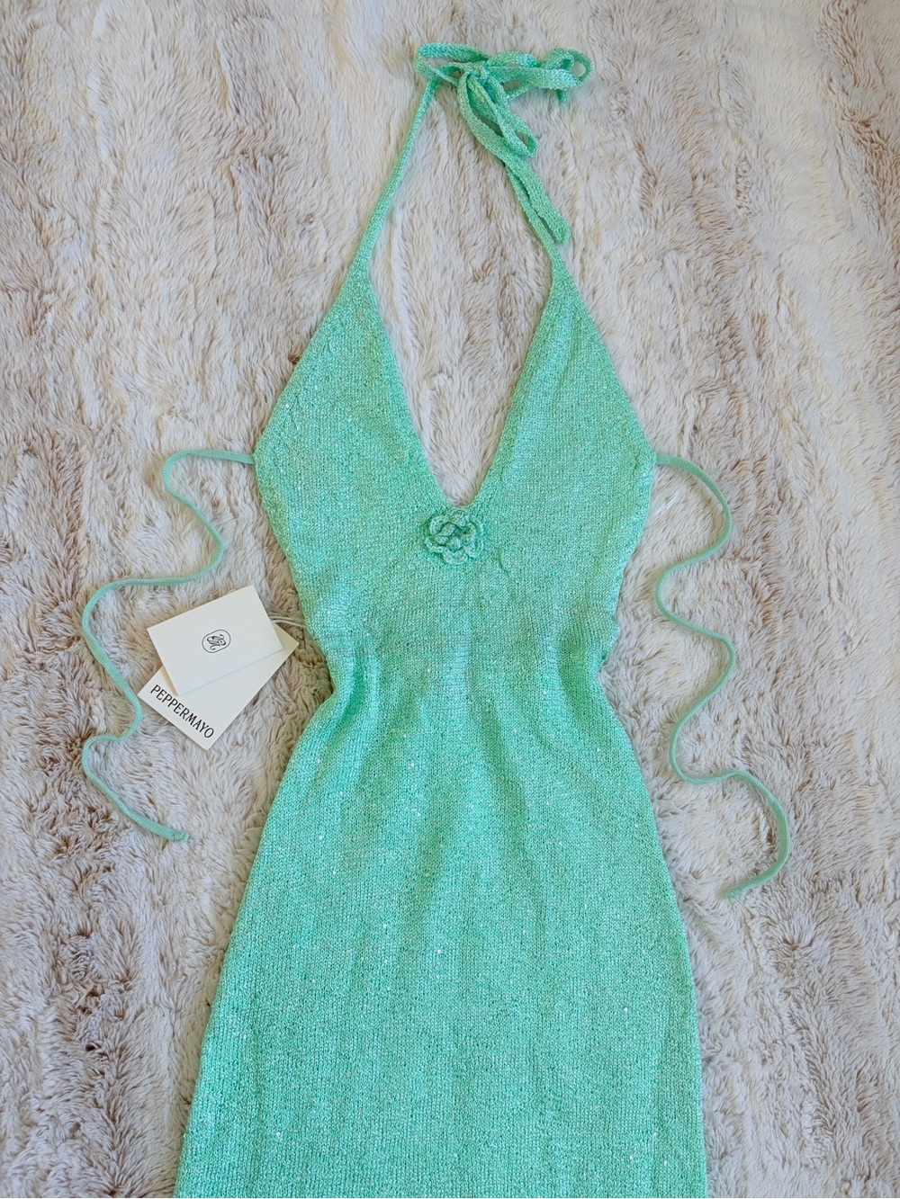 🧚🏼 NWT Peppermayo Tropez Knit Maxi Dress Mint Sequin Halter Resort Mermaid Y2K ✨